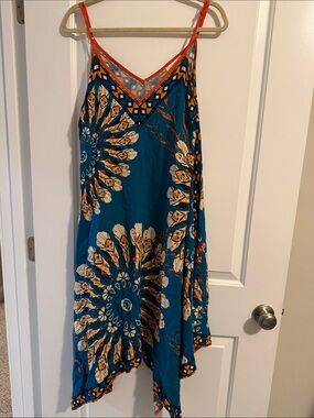 Jealous Tomato Teal Floral Asymmetrical Slip Dress with Orange Trim